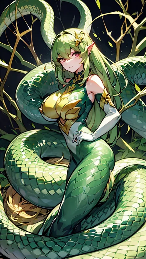 Lamia、The lower half of the body is that of a snake.、Female with a human upper body、Beautiful Hair、Deep in the forest、Golden Eyes、8K