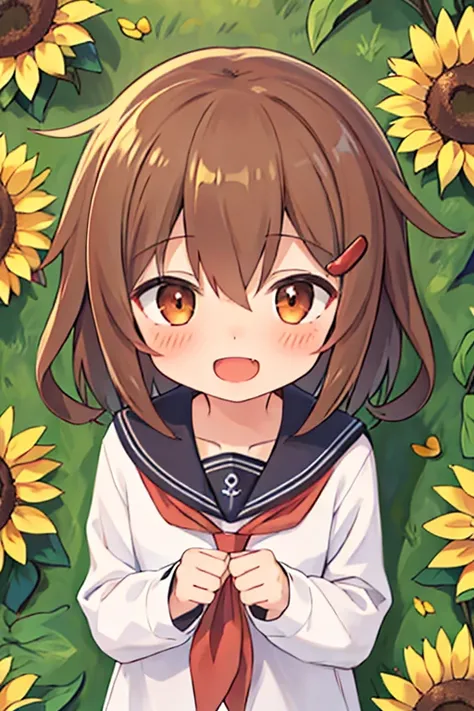 masterpiece, highest quality, High resolution, One girl, ikazuchi_kantaicollection Brown_hair, short_hair, hairclip, hair_ornament, Brown_eye, serafuku, tooth, Open_mouth, smile, blush,Sunflower Garden,