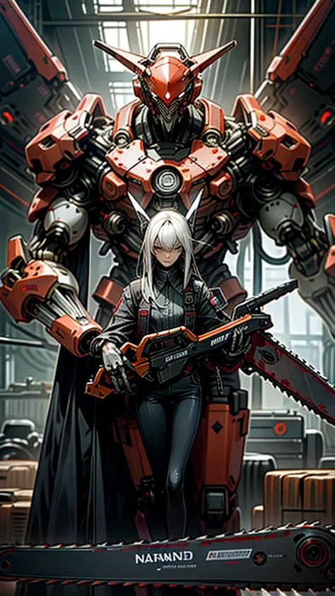 dark_fantasy,Cyberpunk,(Chainsaw,Chainsaw man,Red:1.1),1 person,Mechanical wonder,Robots exist,cybernetic guardian,