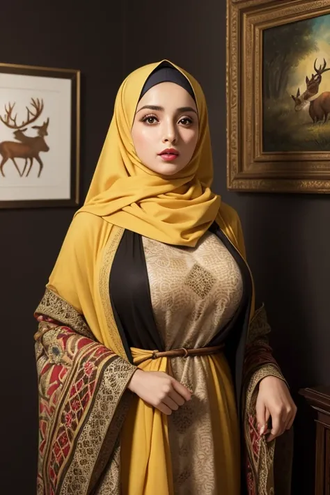 huge breasts,A woman wearing Islamic clothing and a black-yellow Islamic hijab, standing in a room opposite a wall with a natural painting of a deer, a perfect face, red lips and brown eyes.