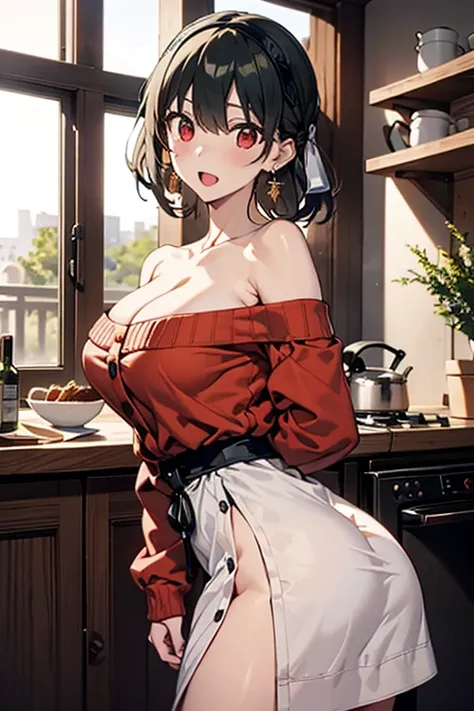 masterpiece, yor, 1girl, Amazing Cleavage:1.3, thin waist, big ass, Raised sexy, medium breast: 1.8 posed cleavage:1.2、solo, looking at viewer, open mouth, have a cup of coffee,black hair, red eyes, dress, bare shoulders, jewelry, collarbone, sidelocks, ha...