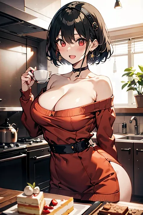 masterpiece, yor, 1girl, Amazing Cleavage:1.3, thin waist, big ass, Raised sexy, medium breast: 1.8 posed cleavage:1.2、solo, looking at viewer, open mouth, have a cup of coffee,black hair, red eyes, dress, bare shoulders, jewelry, collarbone, sidelocks, ha...