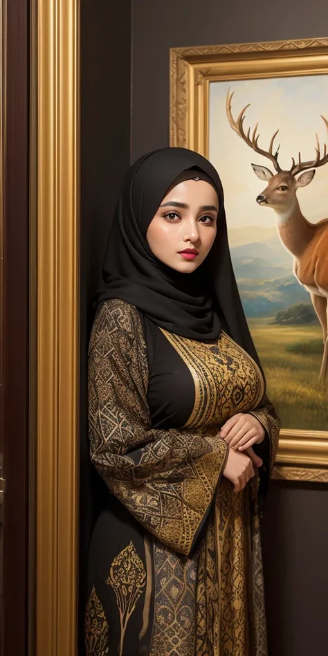 huge breasts,A woman wearing Islamic clothing and a black-yellow Islamic hijab, standing in a room opposite a wall with a natural painting of a deer, a perfect face, red lips and brown eyes.