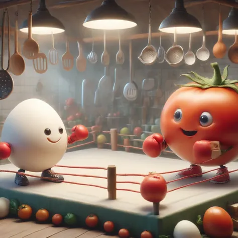 a whimsical kitchen-like boxing ring, a charming egg and a plump tomato are poised for a friendly boxing match. the egg has mini...