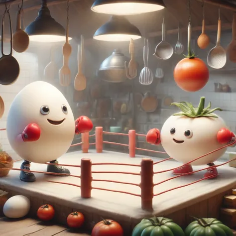 a whimsical kitchen-like boxing ring, a charming egg and a plump tomato are poised for a friendly boxing match. the egg has mini...