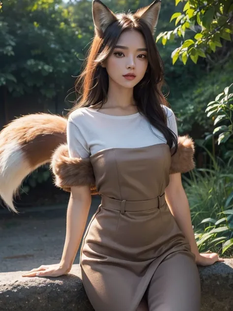 ((highest quality, 32k)), ((masterpiece)), (Get used to it), Perfect Face, Fox Girl, Beautiful woman, public, Has a tail, She has a fox&#39;s tail, She wags her fluffy tail, smile, collar, She wears a business suit, Beautiful hip line, His tail is sticking...