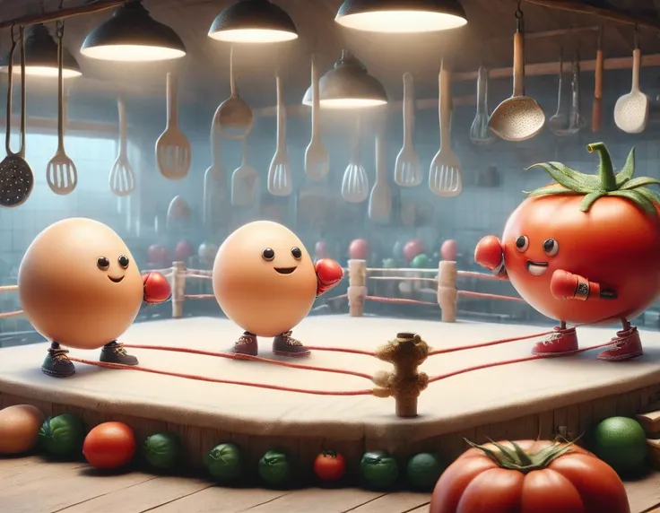 (panoramic:1.5)，(Vision:1.5)，A whimsical kitchen-style boxing ring，1 eggBREAK 1 tomato boxing match，Cartoon，illustration，cute，Kitchen-style boxing ring in the background，Eggs wearing miniature gloves and determined smiles，Tomato wearing boxing gloves