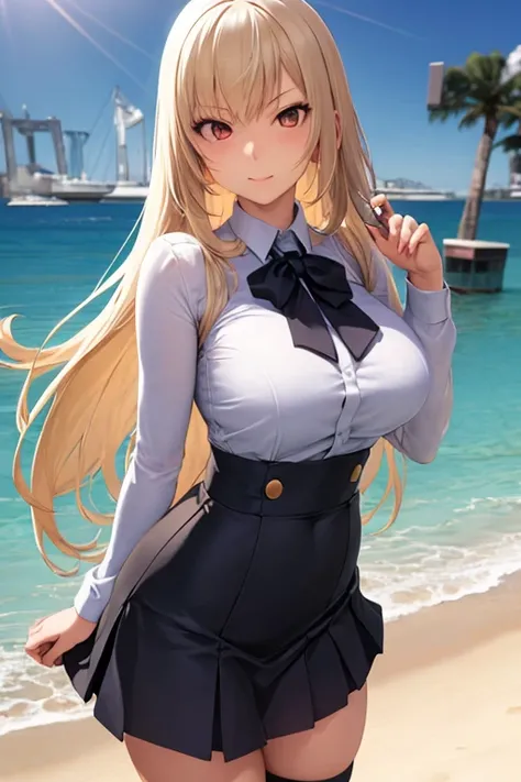 battleship as an anime girl, wearing skirt, real size, medium breast