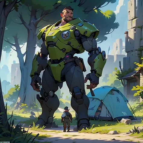 a giant robot standing next to a man in front of a tent, the hobbit art, official overwatch game art, by jake parker, resting after a hard mission, rpg reference sheet, streaming on twitch, cute art style, fairy tale illustrations, small settlements, patre...