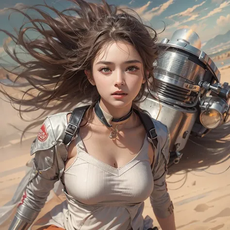 Riding a Harley Bike、Running in the desert、Hair flows、 ((highest quality、masterpiece、8k、best image quality、ultra high resolution、Award-winning work)、(close-up of woman&#39;s face:1.35)、(close-up of naked face:1.3)、(accurate anatomy:1.1)、(look at me and smi...