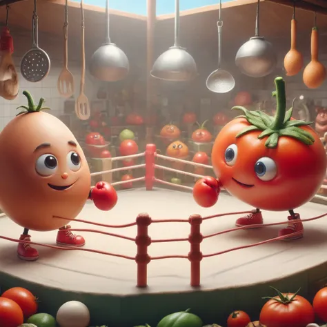 (panoramic:1.5)，(vision:1.5)，a whimsical kitchen style boxing ring, egg and tomato boxing match, cartoon, illustration, cute, wi...