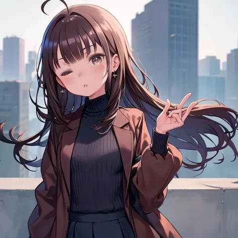 double,, , One girl, Ahoge, bangs, black skirt, black sweater, Blue Claws, Blurred, Blurred background, chest, Brown eyes, Brown Hair, brown Jacket, Mouth closed, Day付付き, Day, Depth of written boundary, Earrings, eyelash, Raise your hand, Tilt your head, J...