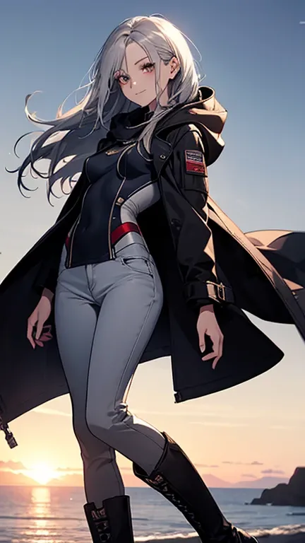 (Confused, High resolution, Very detailed), 1 female, Silver Hair,Long Hair,Reddish brown eyes,boots,Wearing a hood,Navy Long Coat,Skinny jeans,Black and white pilot suit,,Small breasts,24-years-old,Beautiful woman,Adult female,,thin,quiet,Calm,A small smi...