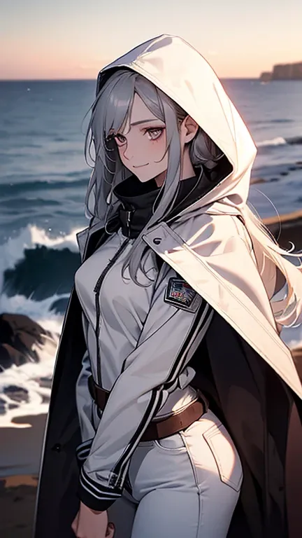 (Confused, High resolution, Very detailed), 1 female, Silver Hair,Long Hair,Reddish brown eyes,boots,Wearing a hood,White long coat,Skinny jeans,Black and white pilot suit,,Small breasts,26 years old,Beautiful woman,Adult female,,thin,quiet,Calm,shy little...