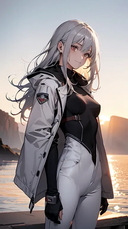 (Confused, High resolution, Very detailed), 1 female, Silver Hair,Long Hair,Reddish brown eyes,boots,Wearing a hood,White long coat,Skinny jeans,Black and white pilot suit,,Small breasts,26 years old,Beautiful woman,Adult female,,thin,quiet,Calm,shy little...