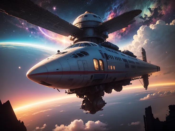 A spaceship like a train flies over a planet, with a train in the foreground, a big train in space, a Dyson ball in space, a sci-fi space game art, a sci-fi spaceship in battle, an epic spaceship scene, an unmanned sky spaceship, a spaceship flying in the ...