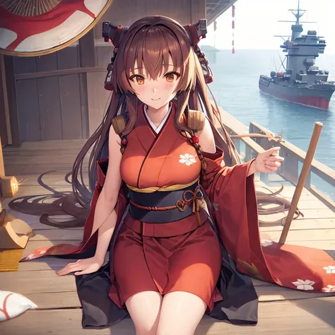 battleship Yamato as an anime girl, wearing kimono, with ships nearby