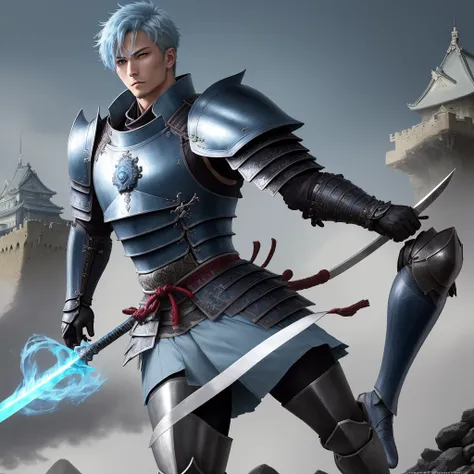 Elegant man, strong physique, samurai armor, armor boots, messy light blue hair, look of satisfaction, short hair, dark blue colored eyes, noble appearance, holding a silver spear, ancient castle, Japanese setting.