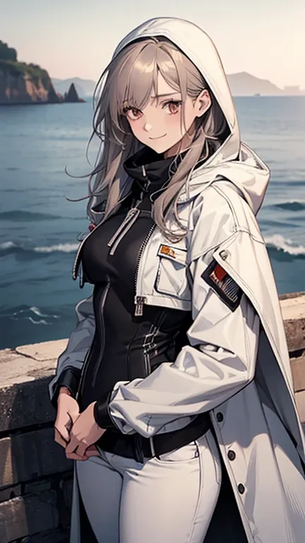 (Confused, High resolution, Very detailed), 1 female, Silver Hair,Long Hair,Reddish brown eyes,boots,Wearing a hood,White long coat,Skinny jeans,Black and white pilot suit,,Small breasts,26 years old,Beautiful woman,Adult female,,thin,quiet,Calm,shy little...