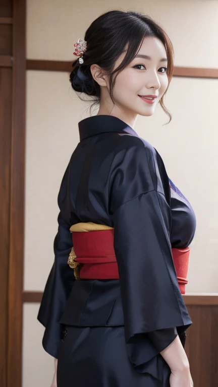 highest quality, masterpiece, Ultra-high resolution, At the Japan temple, (Realistic:1.4), smile, One beautiful woman,),((Homongi)), (yukata), geisha, warrior, Huge Ass，Huge breasts, silk clothes, Proper attire, Beautiful kimono, Wide Camera, whole body