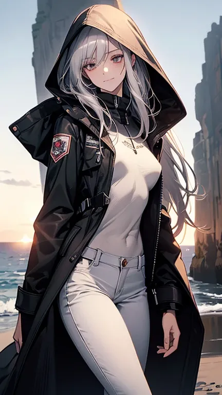 (Confused, High resolution, Very detailed), 1 female, Silver Hair,Long Hair,Reddish brown eyes,boots,Wearing a hood,Long coat,Skinny jeans,Black and white pilot suit,,Small breasts,26 years old,Beautiful woman,Adult female,,thin,quiet,Calm,shy little smile...