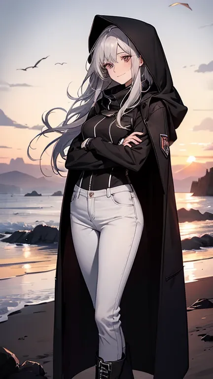 (Confused, High resolution, Very detailed), 1 female, Silver Hair,Long Hair,Reddish brown eyes,boots,Wearing a hood,Long coat,Skinny jeans,Black and white pilot suit,,Small breasts,26 years old,Beautiful woman,Adult female,,thin,quiet,Calm,shy little smile...