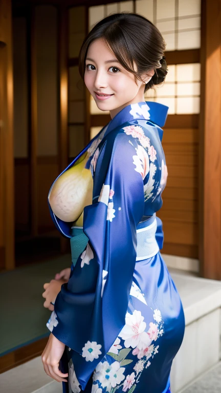 highest quality, masterpiece, Ultra-high resolution, At the Japan temple, (Realistic:1.4), smile, One beautiful woman,),((Homongi)), blue、((kimono)), Huge Ass，Huge breasts, silk clothes, Proper attire, 美しいkimono, Wide Camera, whole body