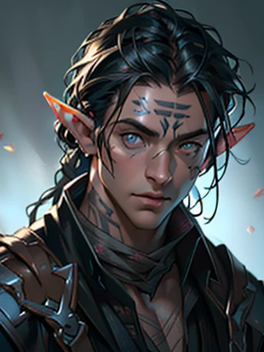 (best quality,4k,8k,highres,masterpiece:1.2), ultra-detailed, (realistic,photorealistic,photo-realistic:1.37), portraits, concept artists, vivid colors, strong lighting, ancient dark magic, young man, elf ears, face tattoo, blue pupils, black hair, red tor...