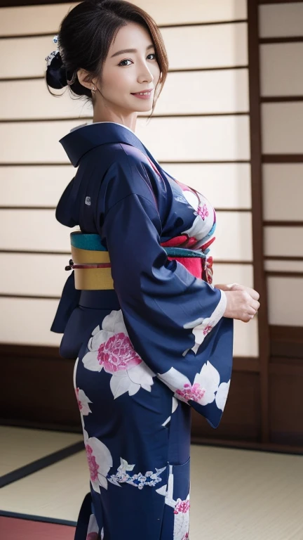 Mature attractive sexy woman,50 years old, ((kimono)),blue、(((kimono))),Shut,((Big Breasts:1.2)),(Facial wrinkles:1.3),light makeup,Light brown hair,Long Hair,(Full body photography:0.85),(Emphasize big buttocks),8k, RAW Photos, highest quality, Laughter,m...