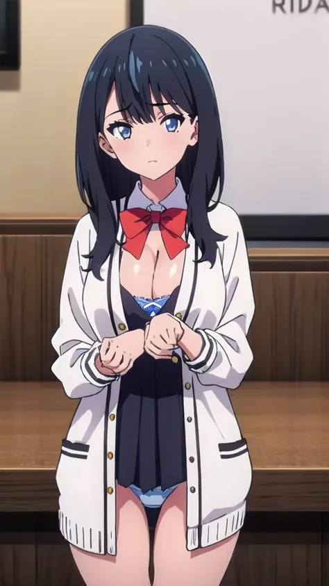 (((Pixel Perfect, Perfect detail))), ((alone, 1 girl)), Rikka, blue eyes, black hair, long hair, bangs, hair between eyes, wrist scrunchie, black skirt, , white cardigan, pleated skirt, long sleeves, orange scrunchie, bowtie, white shirt, red socks, red bo...