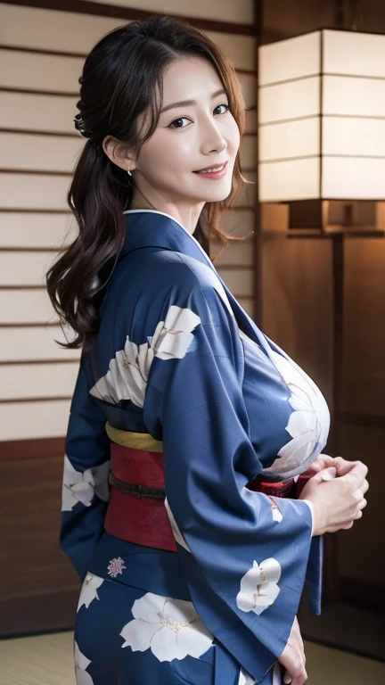 Mature attractive sexy woman,50 years old, ((kimono)),(((kimono))),Shut,((Big Breasts:1.2)),(Facial wrinkles:1.3),light makeup,Light brown hair,Long Hair,(Full body photography:0.85),(Emphasize big buttocks),8k, RAW Photos, highest quality, Laughter,master...