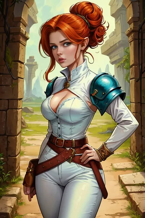 (Face-BarbaraPalvin:0.8) (D&D rogue character:1.2) painting ginger woman auburn hair (updo:1.1) white button shirt see through leather pants pauldron teal armor belts straps detailed background ancient ruins (small_breasts:1.1) (masterpiece) (best quality)...