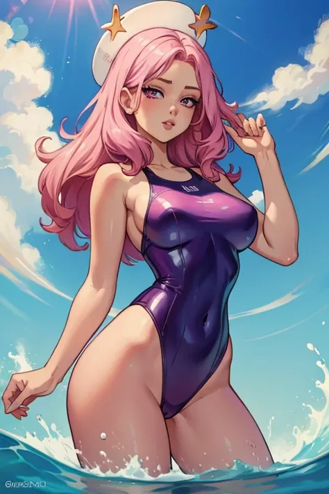 A pink haired woman with violet eyes with an hourglass figure in a cute one piece swimsuit is swimming through the waves