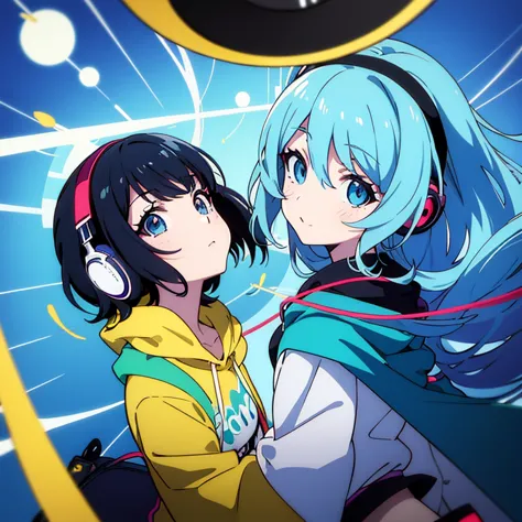 two anime girls in headphones are playing music on a turntable, anime vibes, anime style 4 k, ig studios anime style, nightcore,...