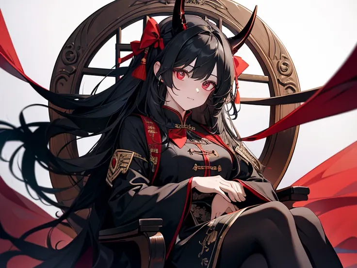 1 female, teacher, Wearing a black dress, Black leggings, Black Hair, Long Hair, Look at the details, Fine grain, Bright red eyes, Red bow tie, A floating black crown on her head, Devil horns, The background is the Chinese throne room