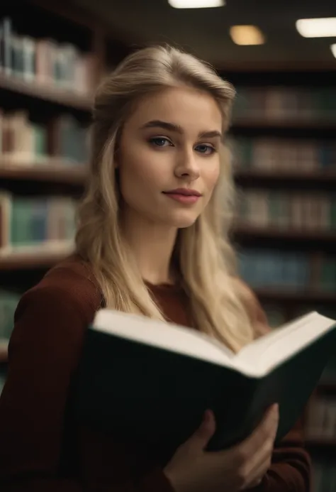 Student with blond hair, hair in a ponytail, in library, reads Makeaveli&#39;s book, makeup bright black, The look is smart, big green eyes, background shaded colored books, looks at the camera, slight smile, A Mysterious Look, high quality