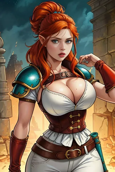 (Face-BarbaraPalvin:0.8) (D&D rogue character:1.2) painting ginger woman auburn hair (updo:1.1) white button shirt open breast leather pants pauldron teal armor belts straps detailed background ancient ruins (big breast ) (masterpiece) (best quality) (deta...