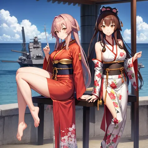 battleship Yamato as an anime girl, wearing kimono, with battleships nearby