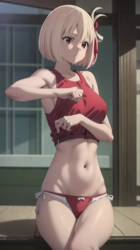 (((Pixel Perfect, Perfect detail))), (1 girl, alone), Chisato Nishikigi, short hair, bangs, Blonde, (Red eyes:1.5), Hair Ribbon, One side up, Bobcut, belly button, Exposing shoulders, Thighs, Stomach, Crop top, Bloomers, Sportswear, Zipper Pull Tab, red Bl...