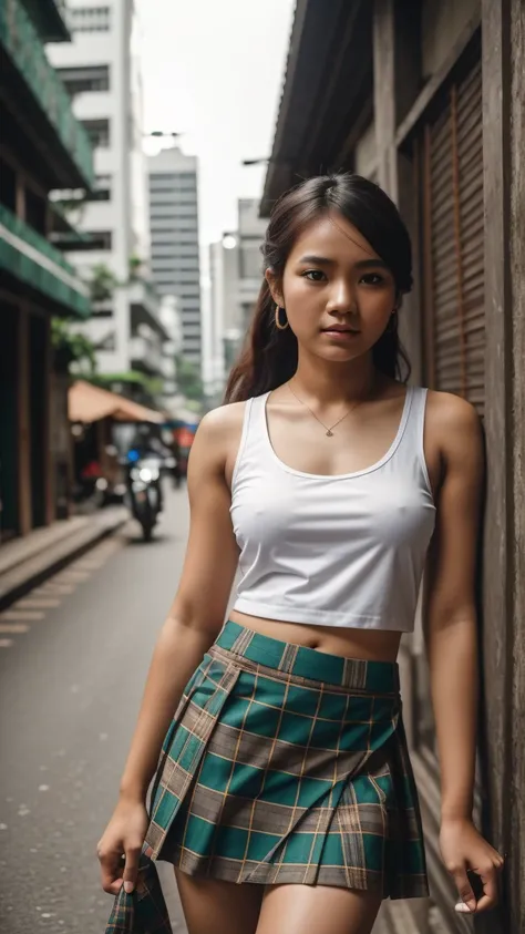 Picture taken with Sony A7RIV, realistic, 8K, Hi-Res picture, masterpiece, perfect facing viewer shoot, detailed complicated background, Gorgeous twenty years old Indonesian girl, natural body, dread, white tank-top paired with tartan skirt, stand, city al...