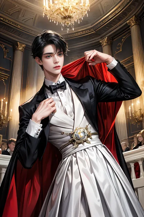 
masterpiece, 最high quality, high quality, 1 boy, alone, Male focus, Watching the audience,  Messy black hair, Adorable big blue eyes, White, Noble, Noble, Beautiful angel、Tuxedo、A tall stand-up collar, very big, very big, very big, long, long, reaching do...