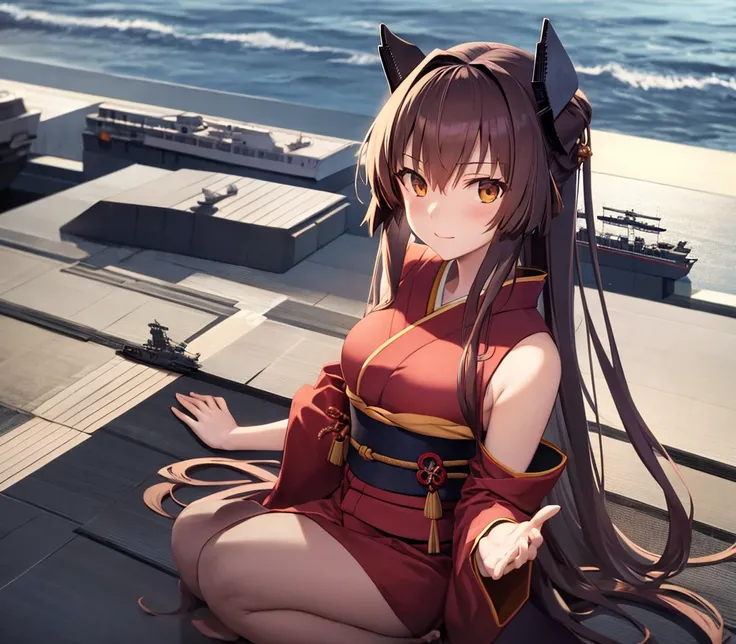 battleship Yamato as an anime girl, wearing kimono, with battleships nearby