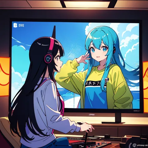 two anime girls in headphones are playing music on a turntable, anime vibes, anime style 4 k, ig studios anime style, nightcore,...