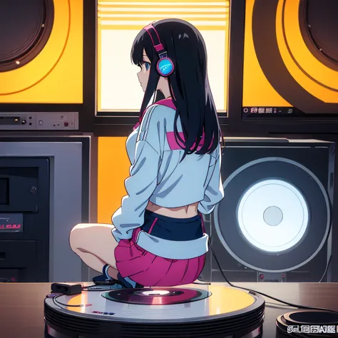 five anime girls in headphones are playing music on a turntable, anime vibes, anime style 4 k, ig studios anime style, nightcore...