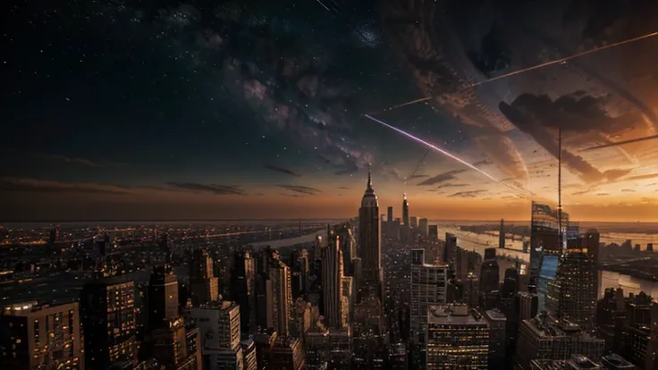 New York City behind galactics Mars Jupiter Saturn in the background,8K,UHD,HDR