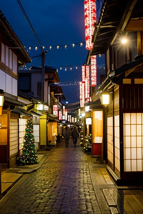 Edo period Japan, a town at night, Christmas lights shining.