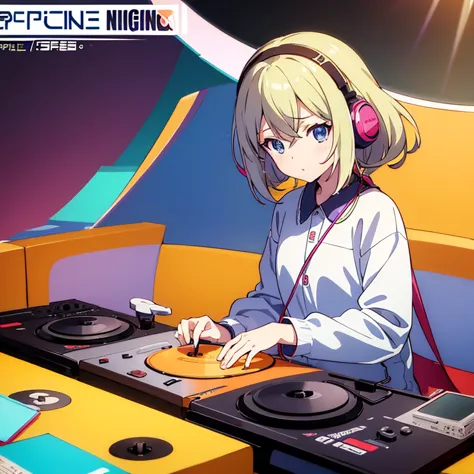 five anime girls in headphones are playing music on a turntable, anime vibes, anime style 4 k, ig studios anime style, nightcore...