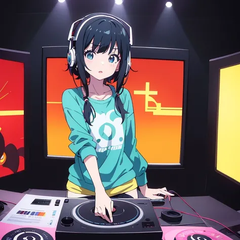 five anime girls in headphones are playing music on a turntable, anime vibes, anime style 4 k, ig studios anime style, nightcore...