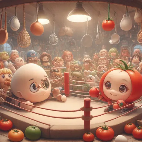 (panoramic:1.5)，(imagine:1.5)，whimsical kitchen boxing ring, egg and tomato boxing match, cartoon, illustration, lovely, kitchen...