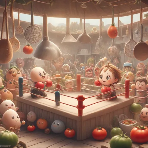 (panoramic:1.5)，(imagine:1.5)，whimsical kitchen boxing ring, egg and tomato boxing match, cartoon, illustration, lovely, kitchen...